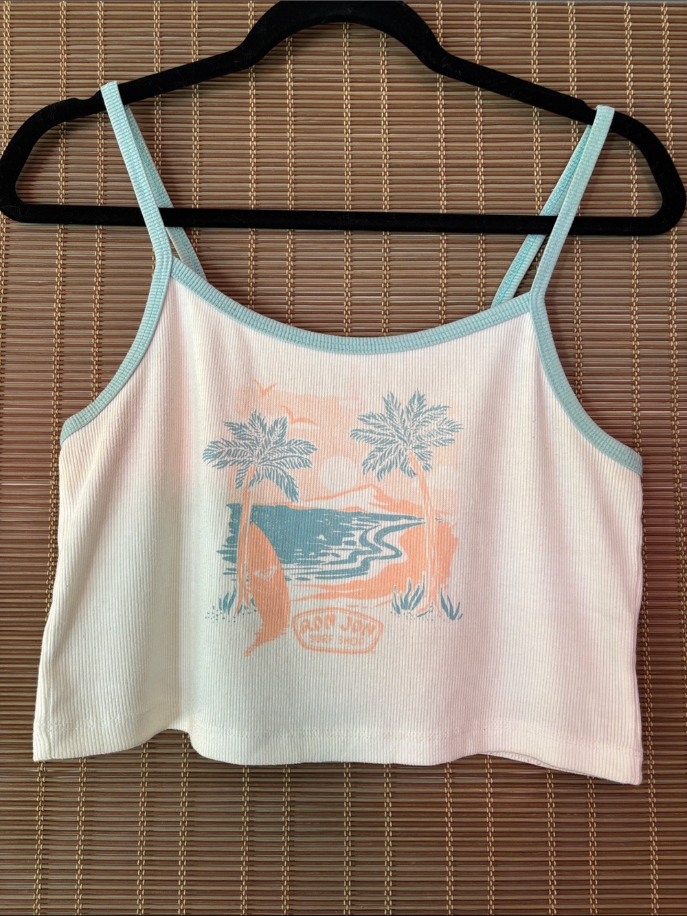 Roxy Surf Shop Cropped Cami Ribbed Tank with Beach Graphic and Light Blue Trim